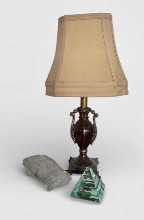 Photo 1 of HOME DECOR, RESIN LAMP H18” & GLASS CAR AND PYRAMID