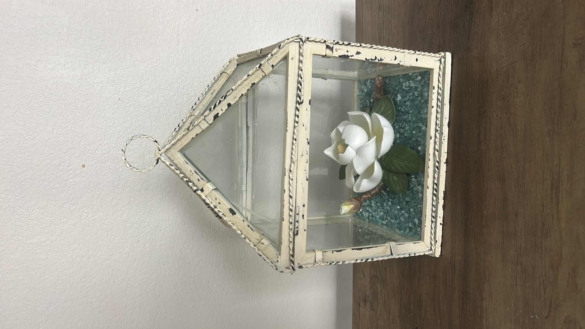 Photo 1 of GLASS AND METAL TERRARIUM H12” & PORCELAIN MAGNOLIA FIGURINE.