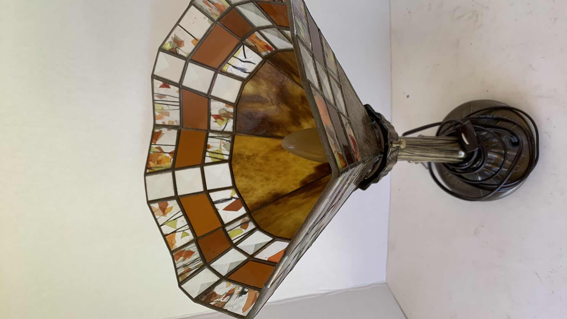 Photo 1 of TIFFANY STYLE TABLE LAMP FEATURING RED AMBER GEOMETRIC SHADE 14”