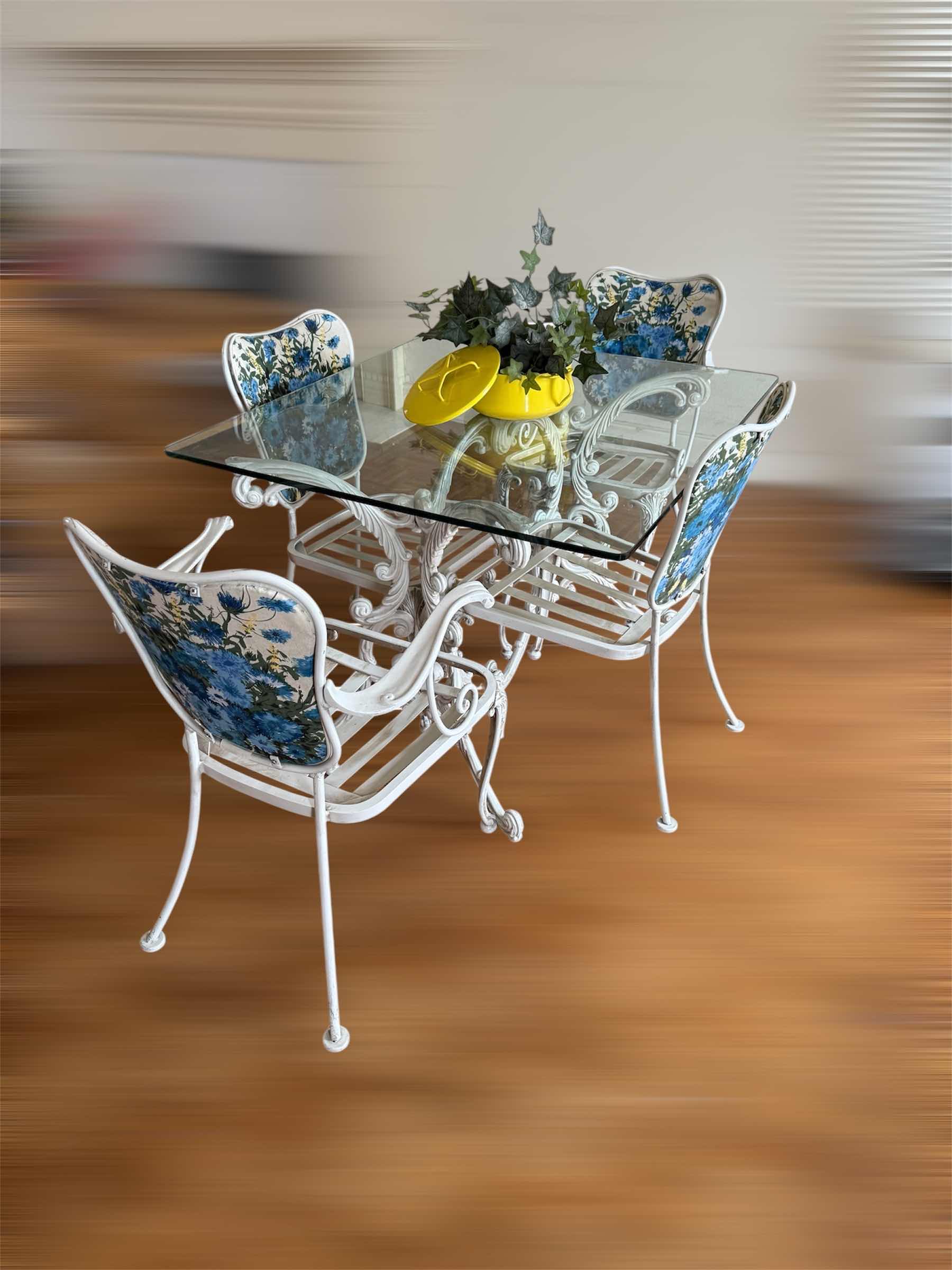 Photo 1 of RARE VINTAGE MID CENTURY WHITE CAST IRON TABLE W TEMPERED GLASS TOP 41”x 36” H28” W 2 ARM CHAIRS & 2 SIDE CHAIRS