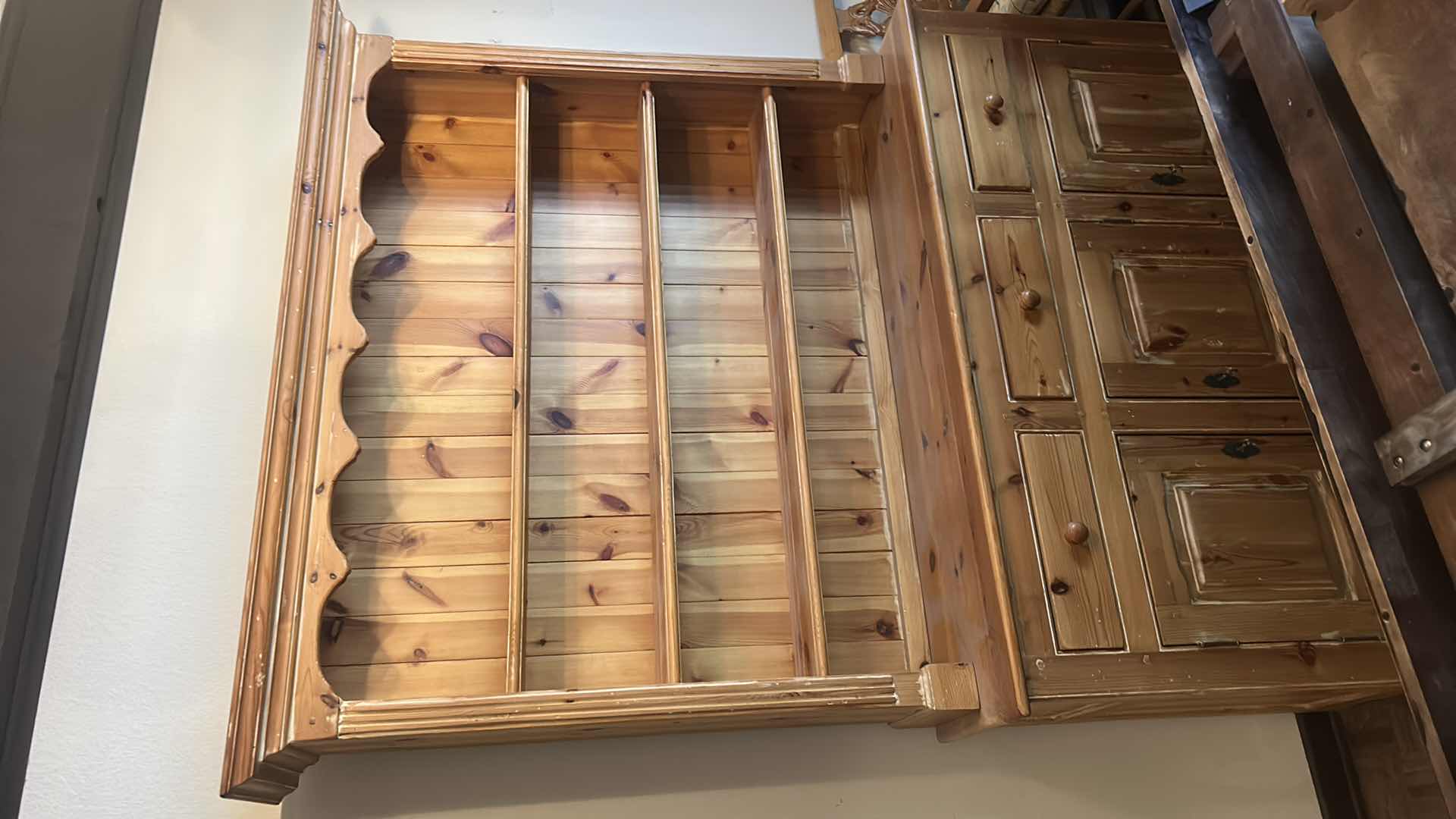 Photo 3 of ENGLISH PINE STEPBACK CUPBOARD W PLATE RACK, SCALLOPED DETAILS 59” x 21"  H79"