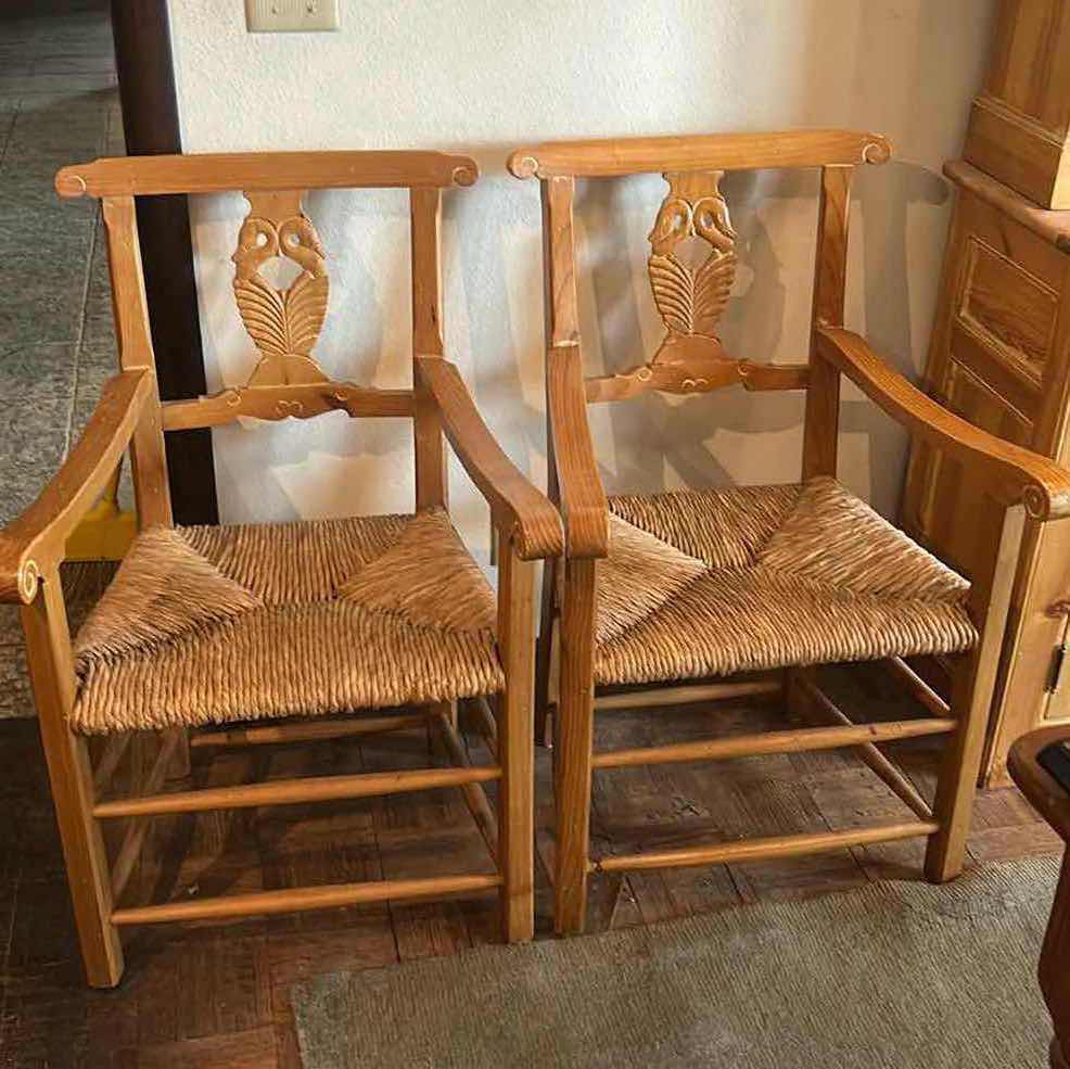 Photo 5 of 2- VINTAGE 1980'S SOLID WOOD RUSH DINING ARM CHAIRS W CARVED SWANS H29"