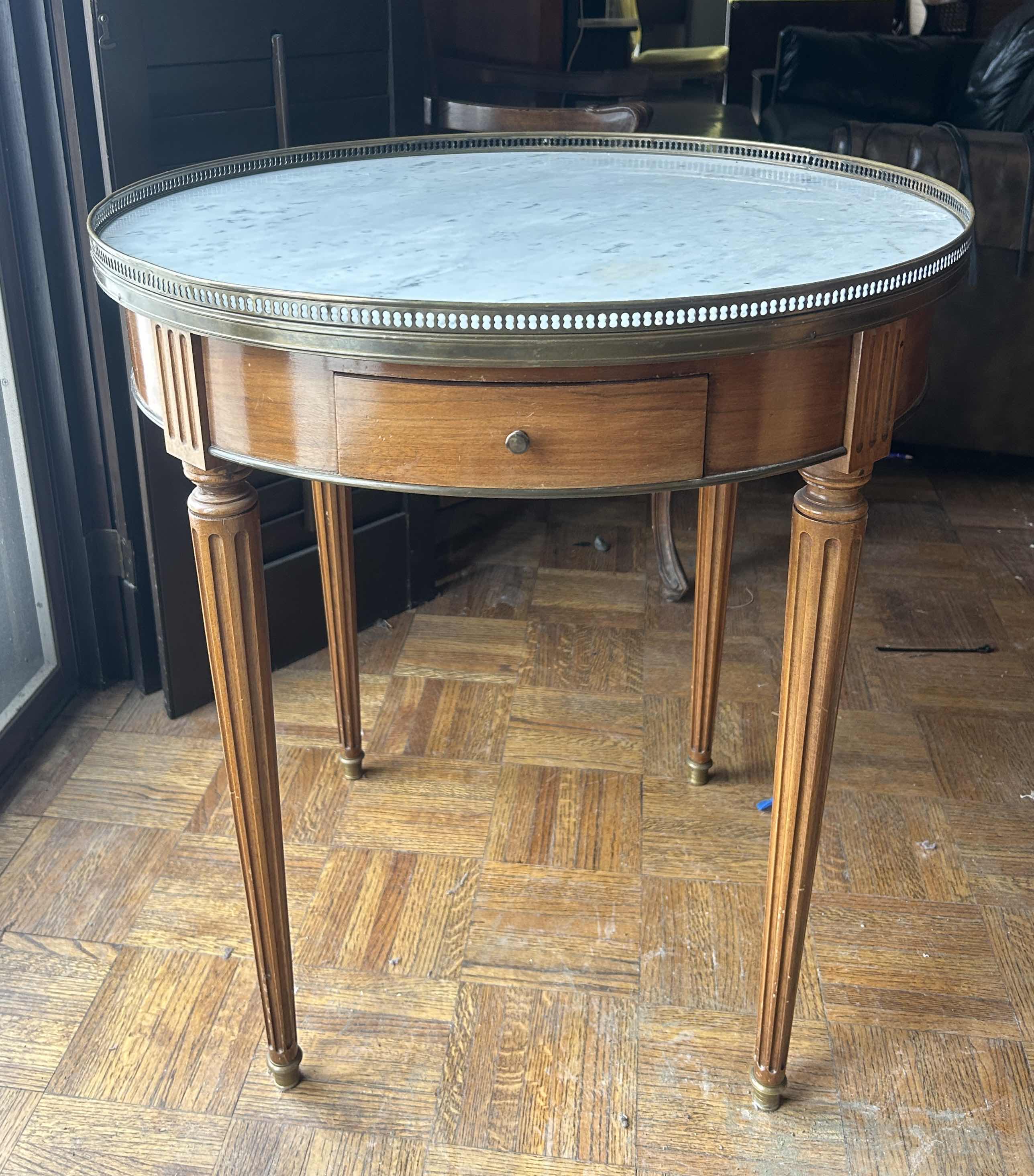 Photo 11 of 1940s VINTAGE FRENCH STYLE BOUILLOTTE MARBLE TOP TABLE
D 26”  x H 28”