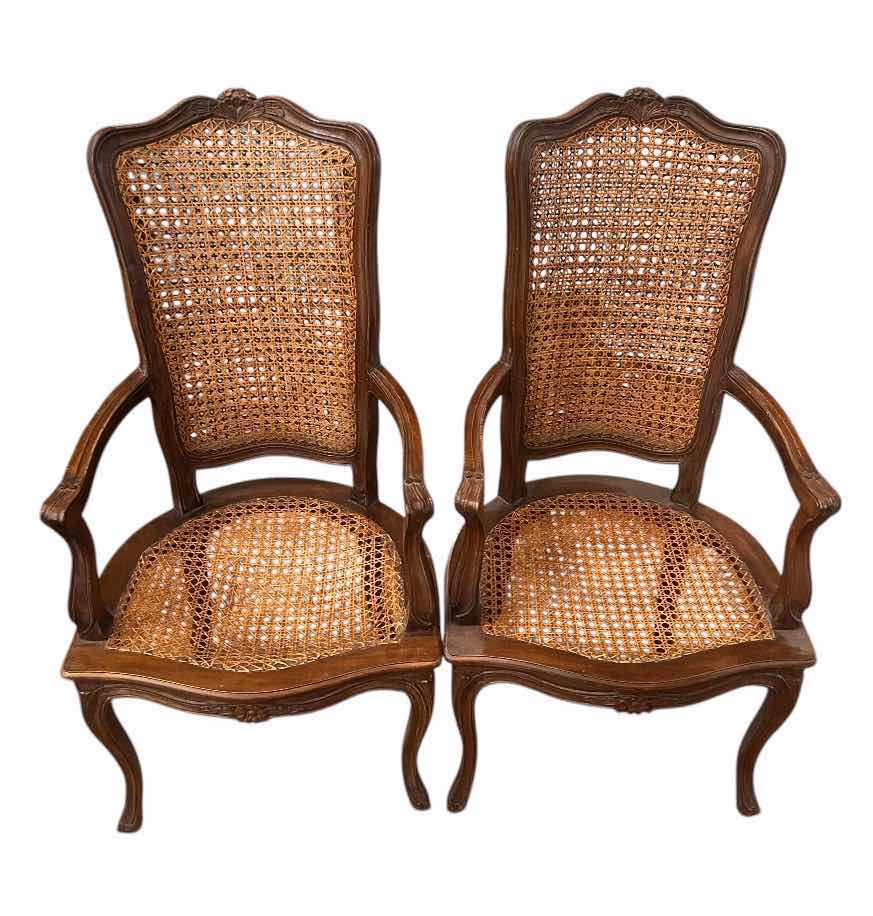 Photo 1 of 2-VINTAGE FRENCH CANE FRUITWOOD ARM CHAIRS