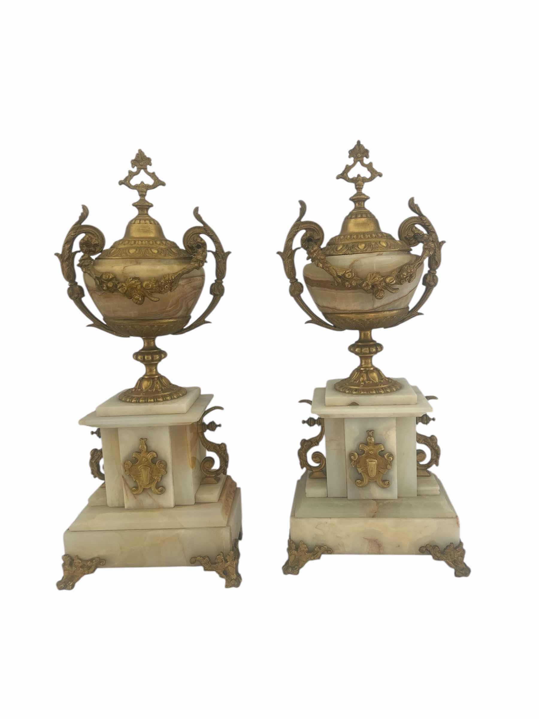 Photo 2 of ANTIQUE PAIR OF FRENCH UNIQUE CASSOLETTE MARBLE W GOLD BRONZE URNS  H15.5”