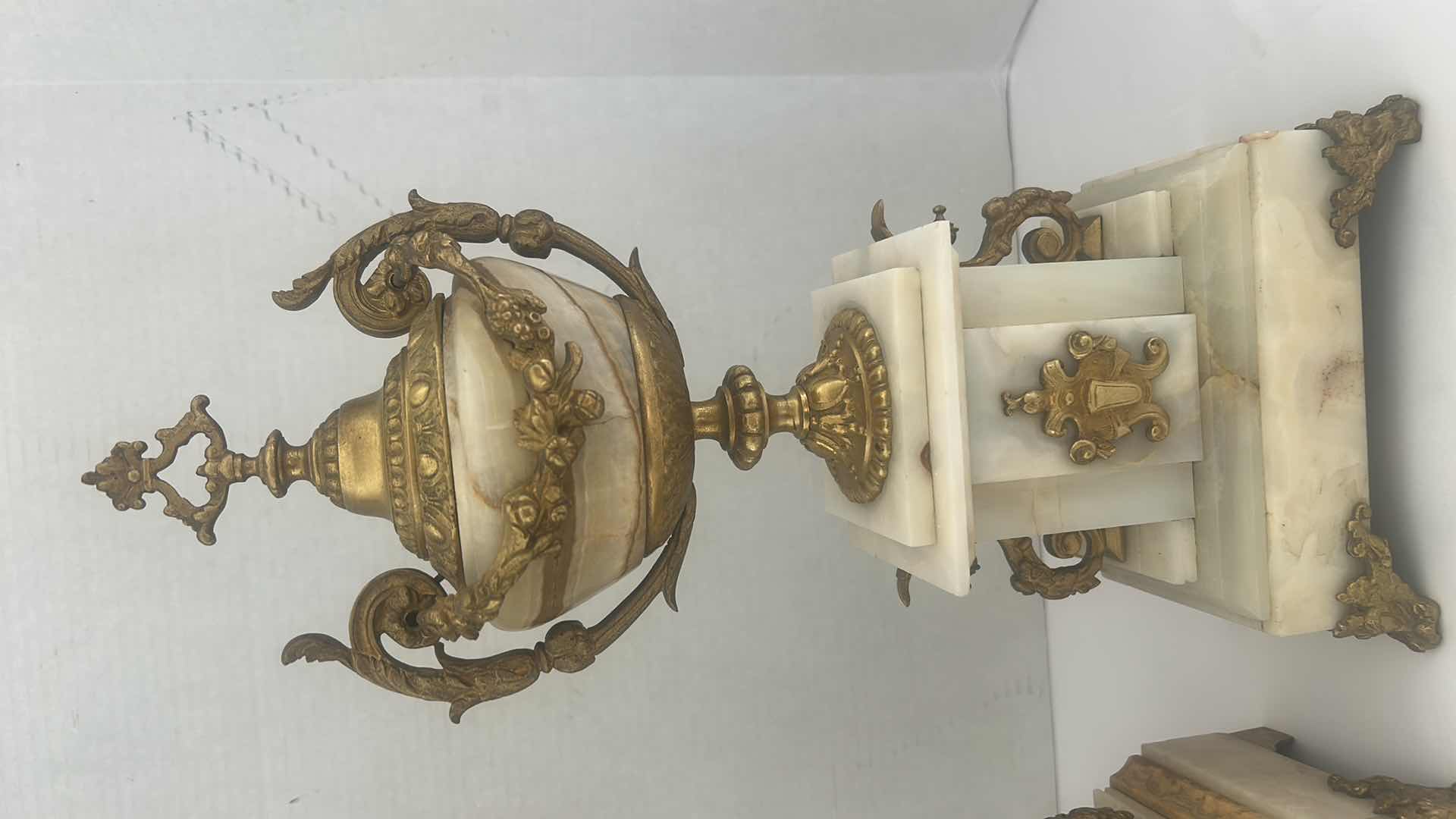 Photo 3 of ANTIQUE PAIR OF FRENCH UNIQUE CASSOLETTE MARBLE W GOLD BRONZE URNS  H15.5”