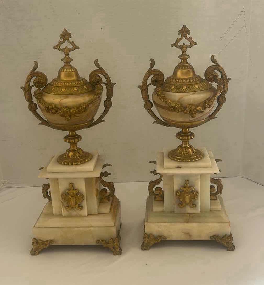 Photo 10 of ANTIQUE PAIR OF FRENCH UNIQUE CASSOLETTE MARBLE W GOLD BRONZE URNS  H15.5”