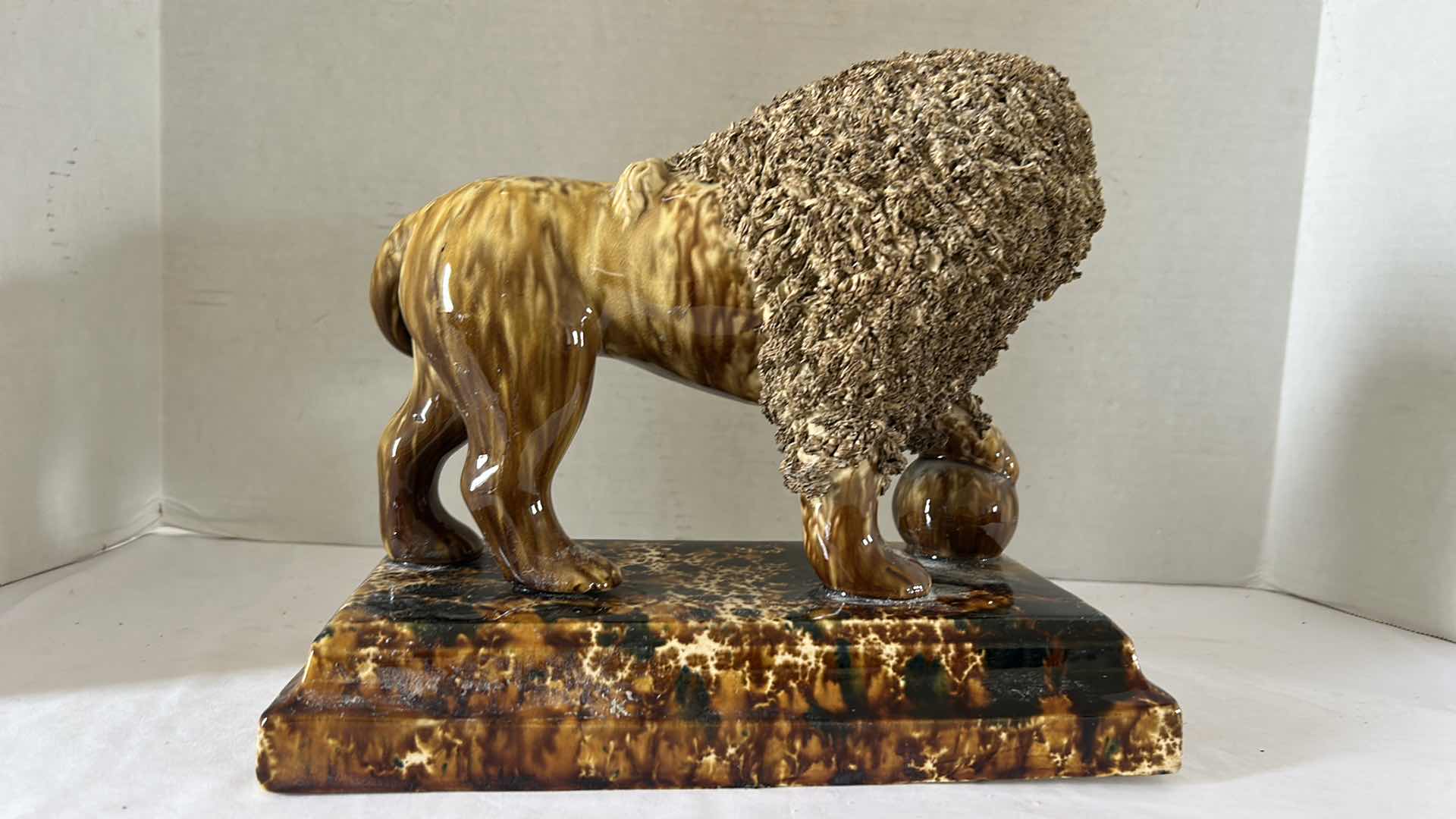 Photo 4 of RARE COLLECTIBLE-FINE LYMAN FENTON  & CO , FLINT ENAMEL FIGURE OF A LION ON BASE   10.5” x 9.5” 