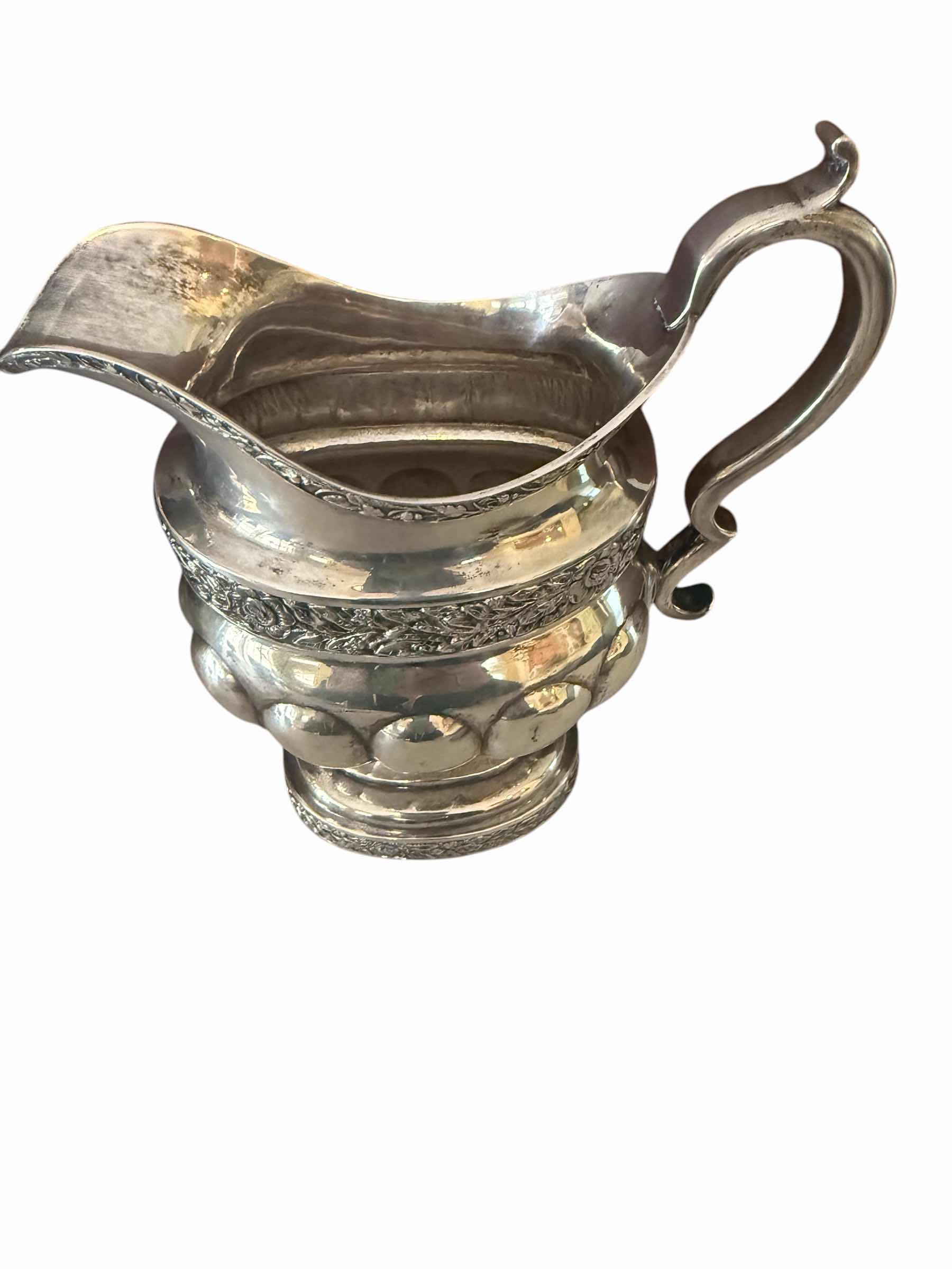 Photo 1 of ANTIQUE J.CRAWFORD COIN SILVER CREAMER JUG W8” H7”-TOTAL WEIGHT 1.0 lbs