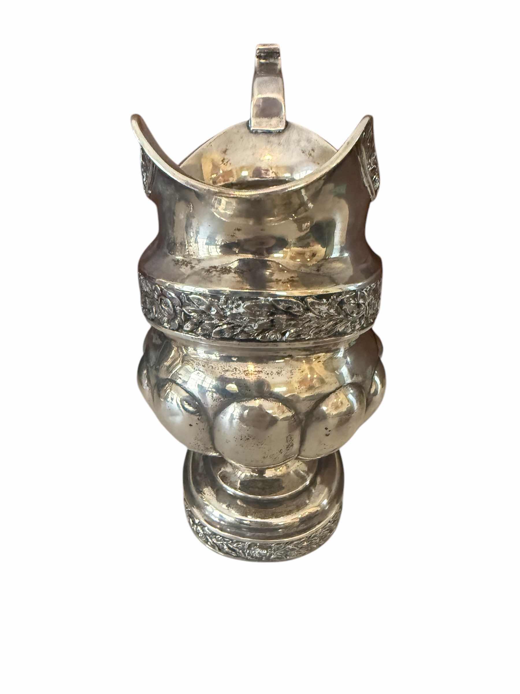Photo 1 of ANTIQUE J.CRAWFORD COIN SILVER CREAMER JUG W8” H7”-TOTAL WEIGHT 1.0 lbs