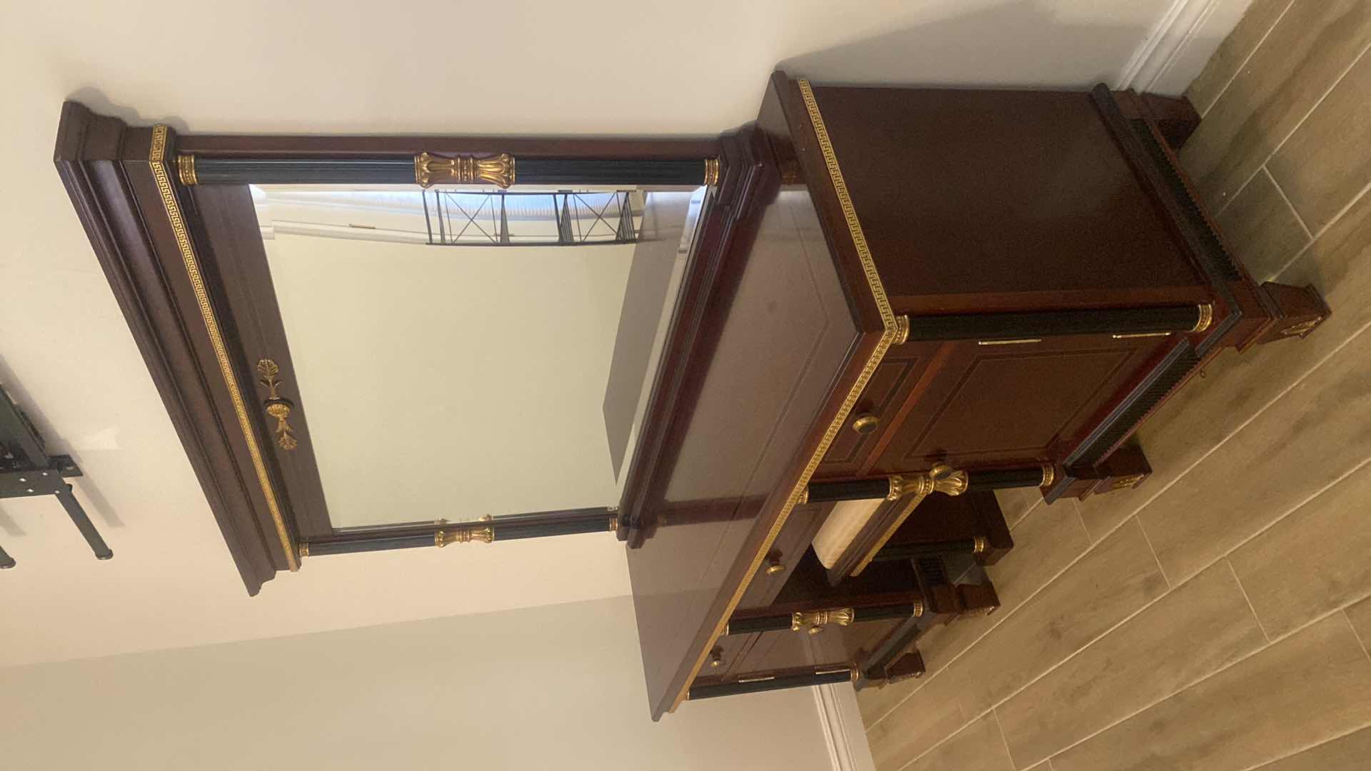 Photo 1 of VERSACE-STYLE SOLID WOOD W GOLD & BLACK TRIMMINGS VANITY W BENCH & BEVELED MIRROR