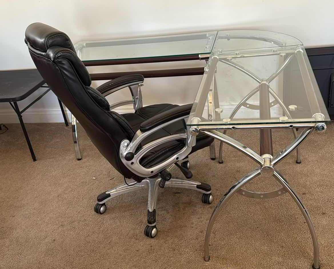 Photo 1 of GLASS TOP U-SHAPED DESK W SILVER BASE & BLACK ADJUSTABLE OFFICE CHAIR 55”x 60” H30”