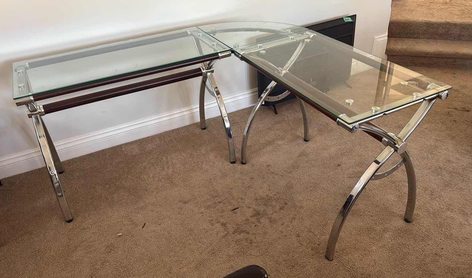 Photo 1 of GLASS TOP U-SHAPED DESK W SILVER BASE & BLACK ADJUSTABLE OFFICE CHAIR 55”x 60” H30”