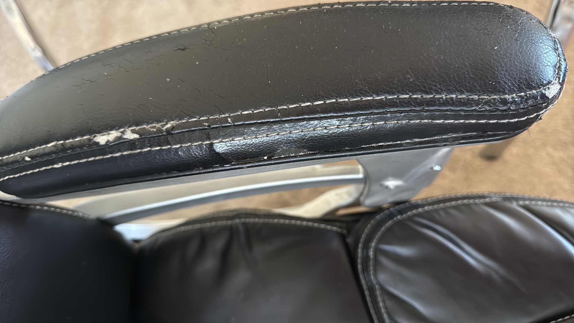 Photo 1 of GLASS TOP U-SHAPED DESK W SILVER BASE & BLACK ADJUSTABLE OFFICE CHAIR 55”x 60” H30”