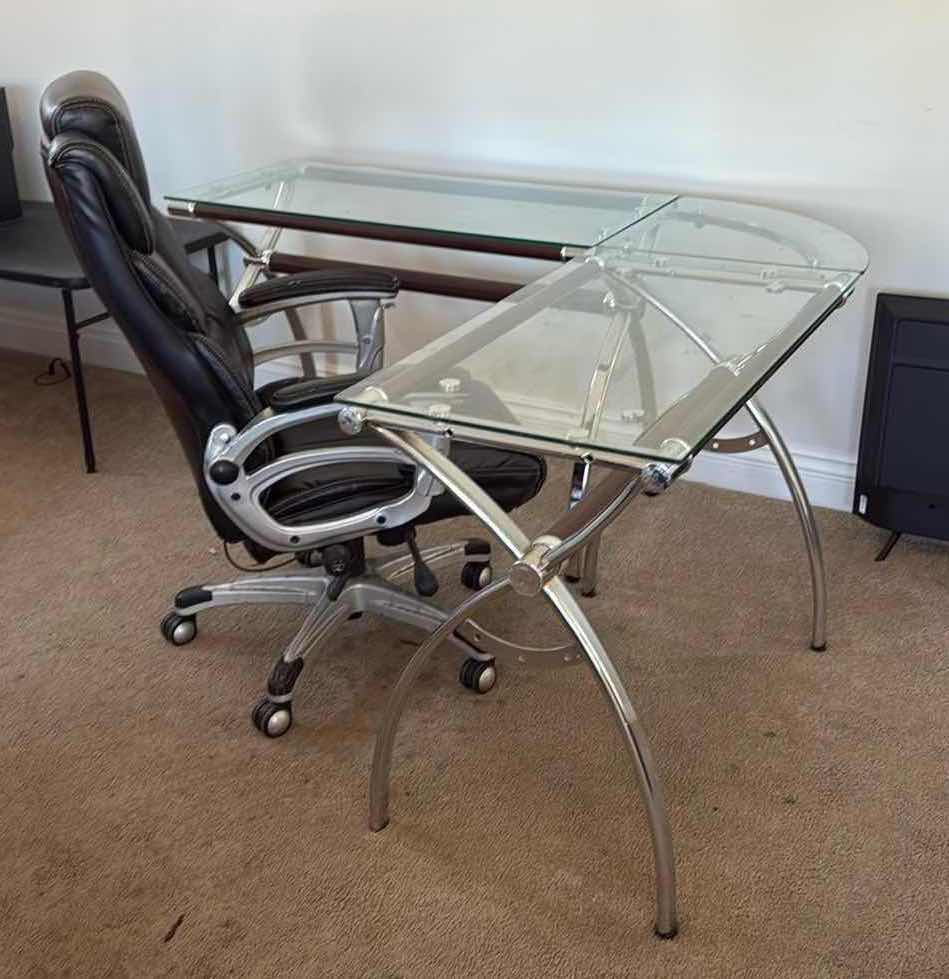 Photo 1 of GLASS TOP U-SHAPED DESK W SILVER BASE & BLACK ADJUSTABLE OFFICE CHAIR 55”x 60” H30”