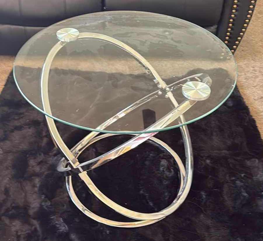 Photo 1 of 26” ROUND GLASS TOP SIDE TABLE W SILVER BASE H22”