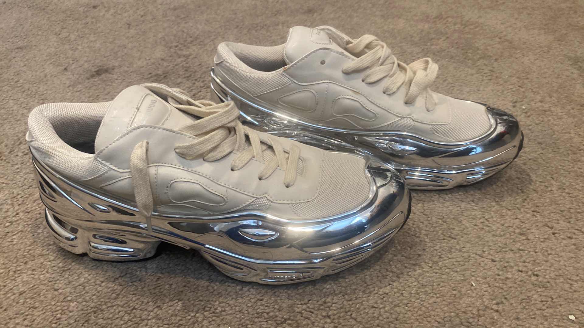 Photo 1 of RAF SIMON ADIDAS CREAM LEATHER & SILVER MIRRORED TRIM SNEAKERS EST SIZE 10 1/2 TO 11