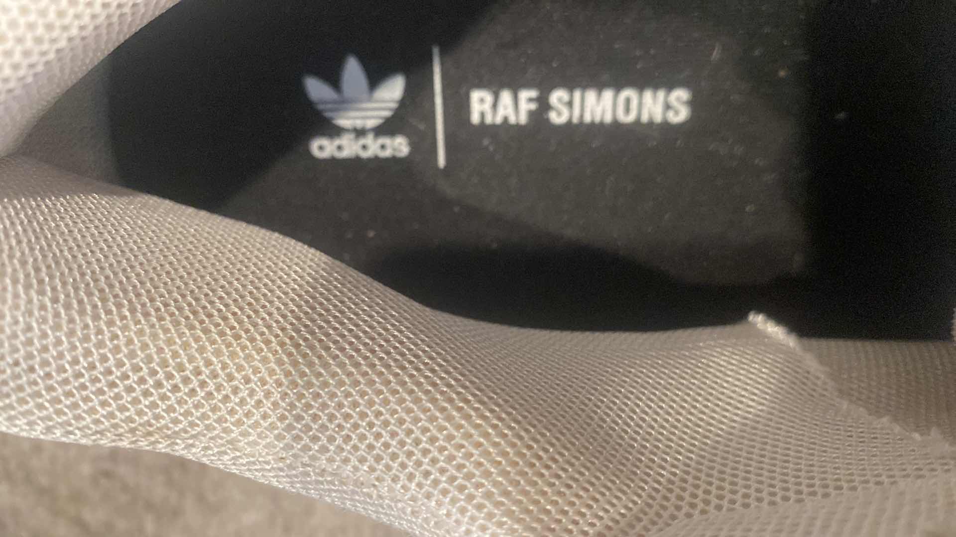 Photo 1 of RAF SIMON ADIDAS CREAM LEATHER & SILVER MIRRORED TRIM SNEAKERS EST SIZE 10 1/2 TO 11