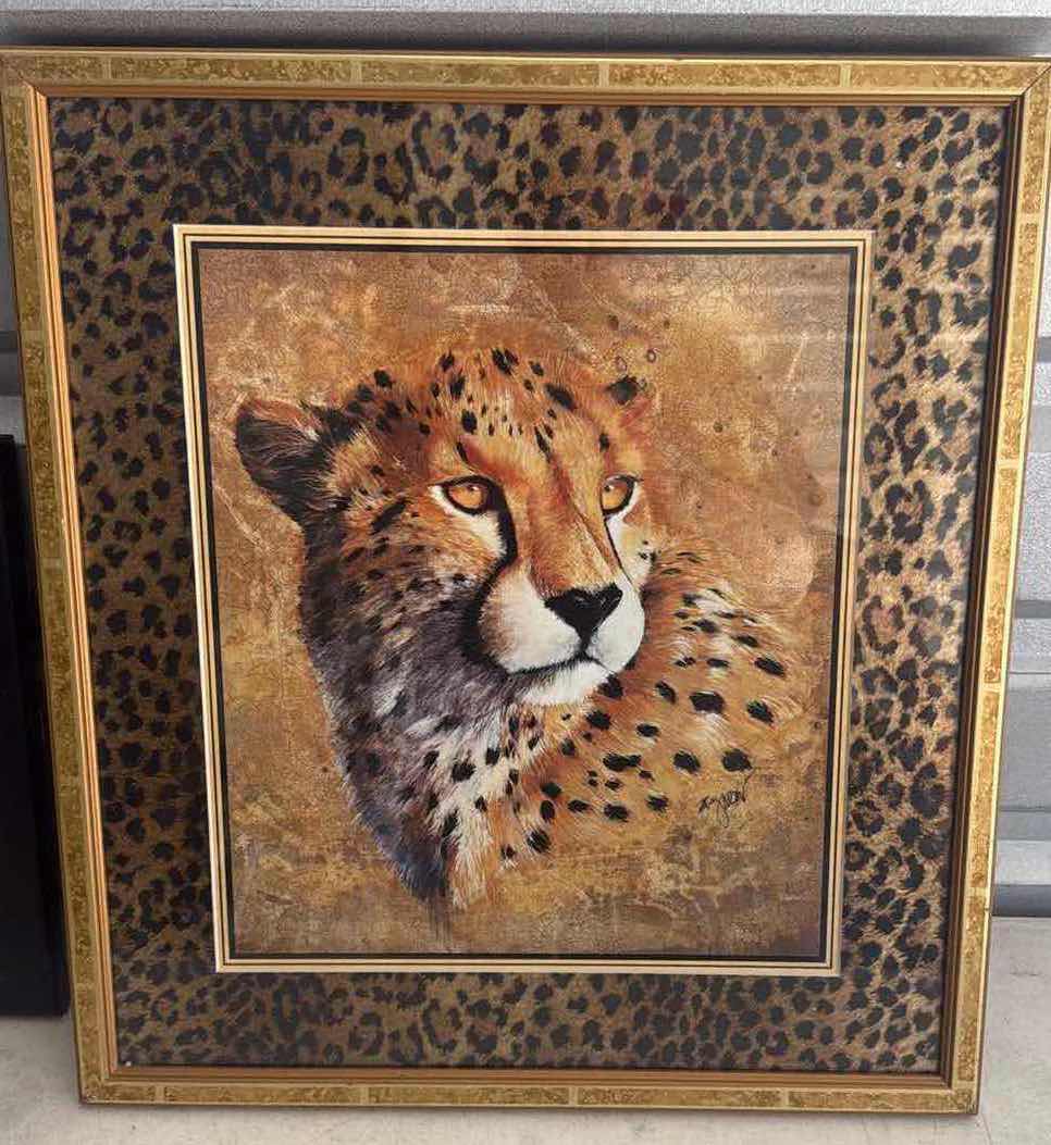 Photo 1 of 2-WOODEN FRAMED WILD LIFE CATS ARTWORK