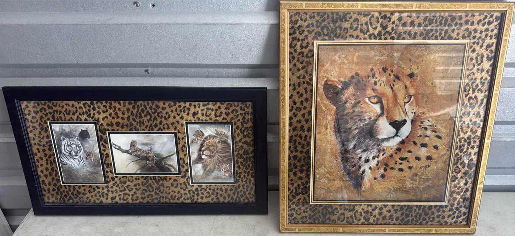 Photo 1 of 2-WOODEN FRAMED WILD LIFE CATS ARTWORK
