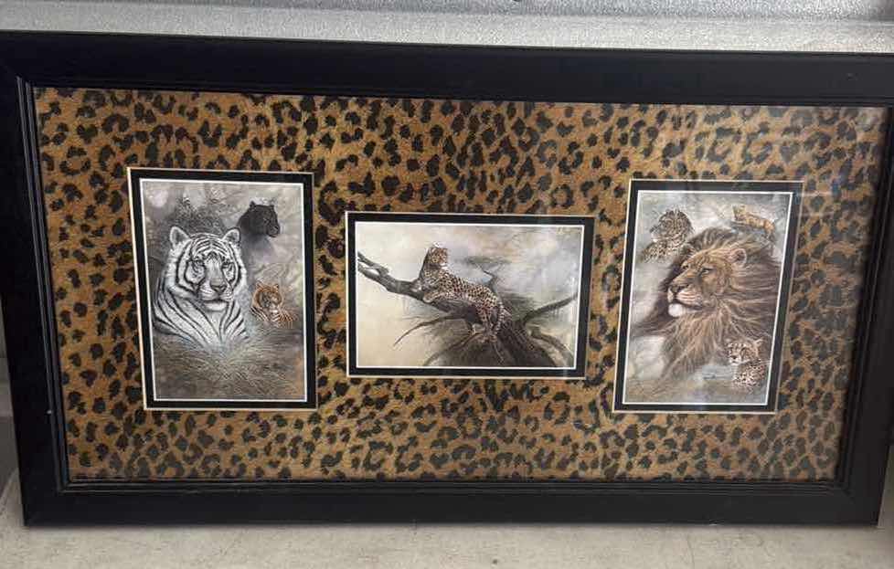 Photo 1 of 2-WOODEN FRAMED WILD LIFE CATS ARTWORK