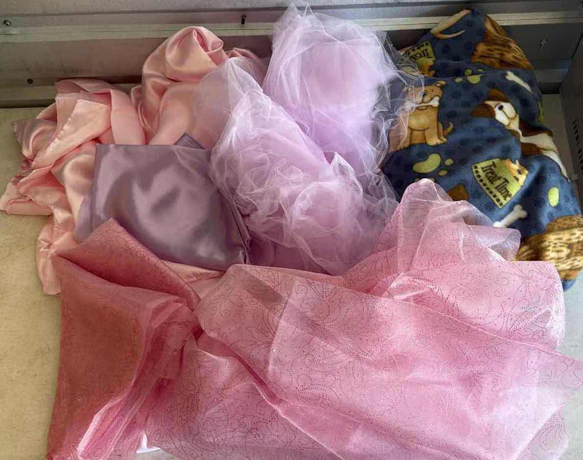 Photo 1 of CONTENTS OF BOX- BLANKETS/FABRIC/SILK