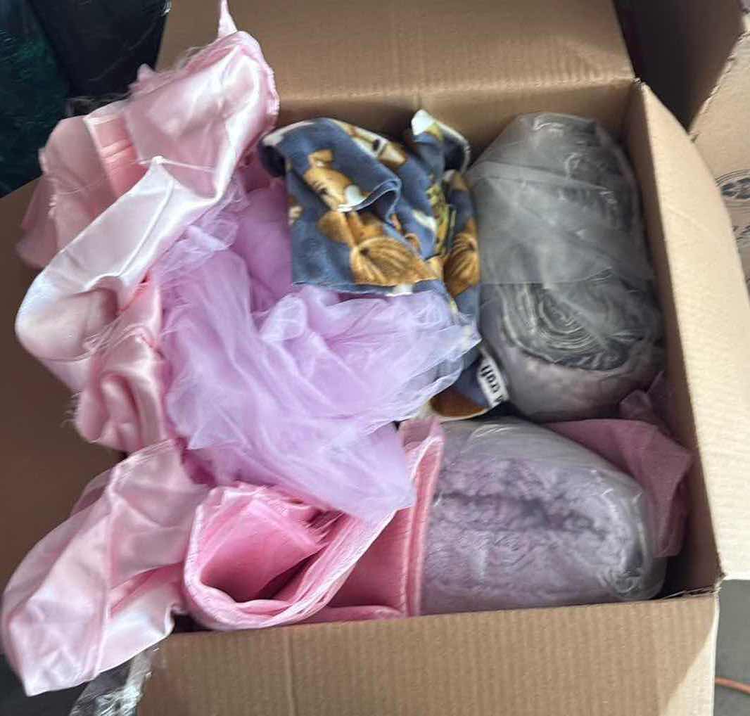 Photo 1 of CONTENTS OF BOX- BLANKETS/FABRIC/SILK