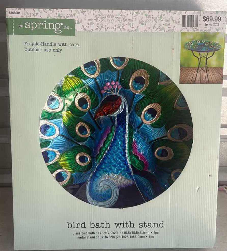 Photo 1 of NIB PEACOCK GLASS BIRD BATH WITH STAND 17X17”