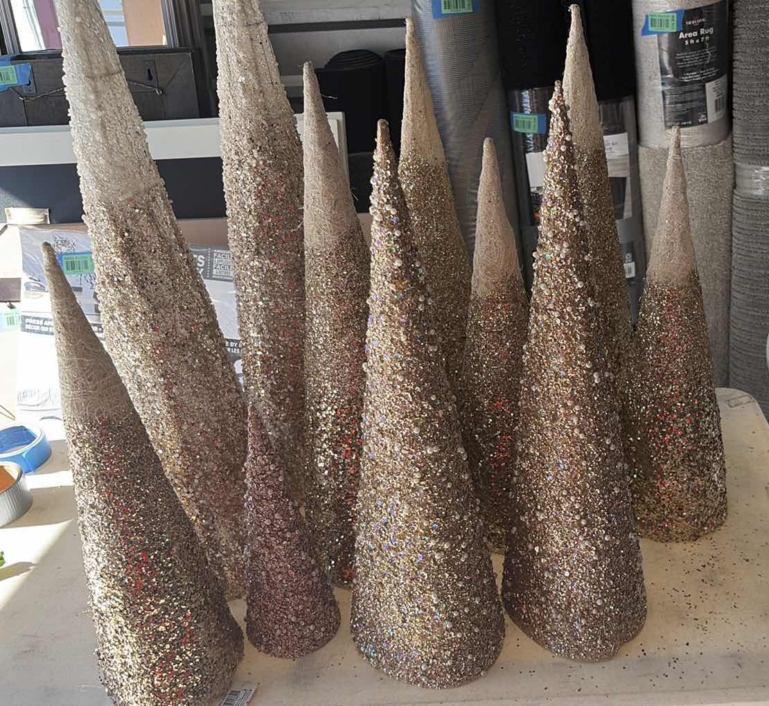 Photo 1 of CONTENTS OF BOX CONE SHAPE HOLIDAY DECORATIONS GOLD COLOR