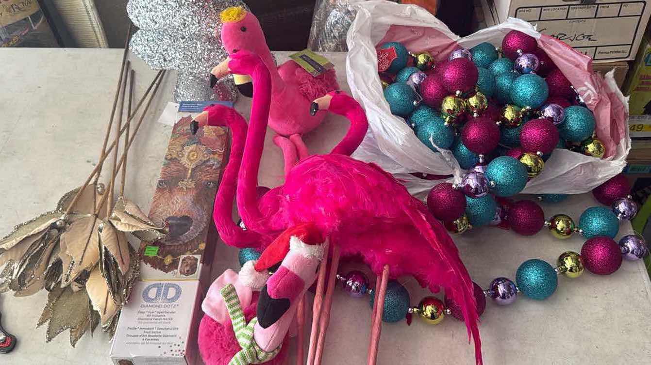 Photo 1 of CONTENTS OF BOX-FLAMINGOS/BEAD ART/ORNAMENTS