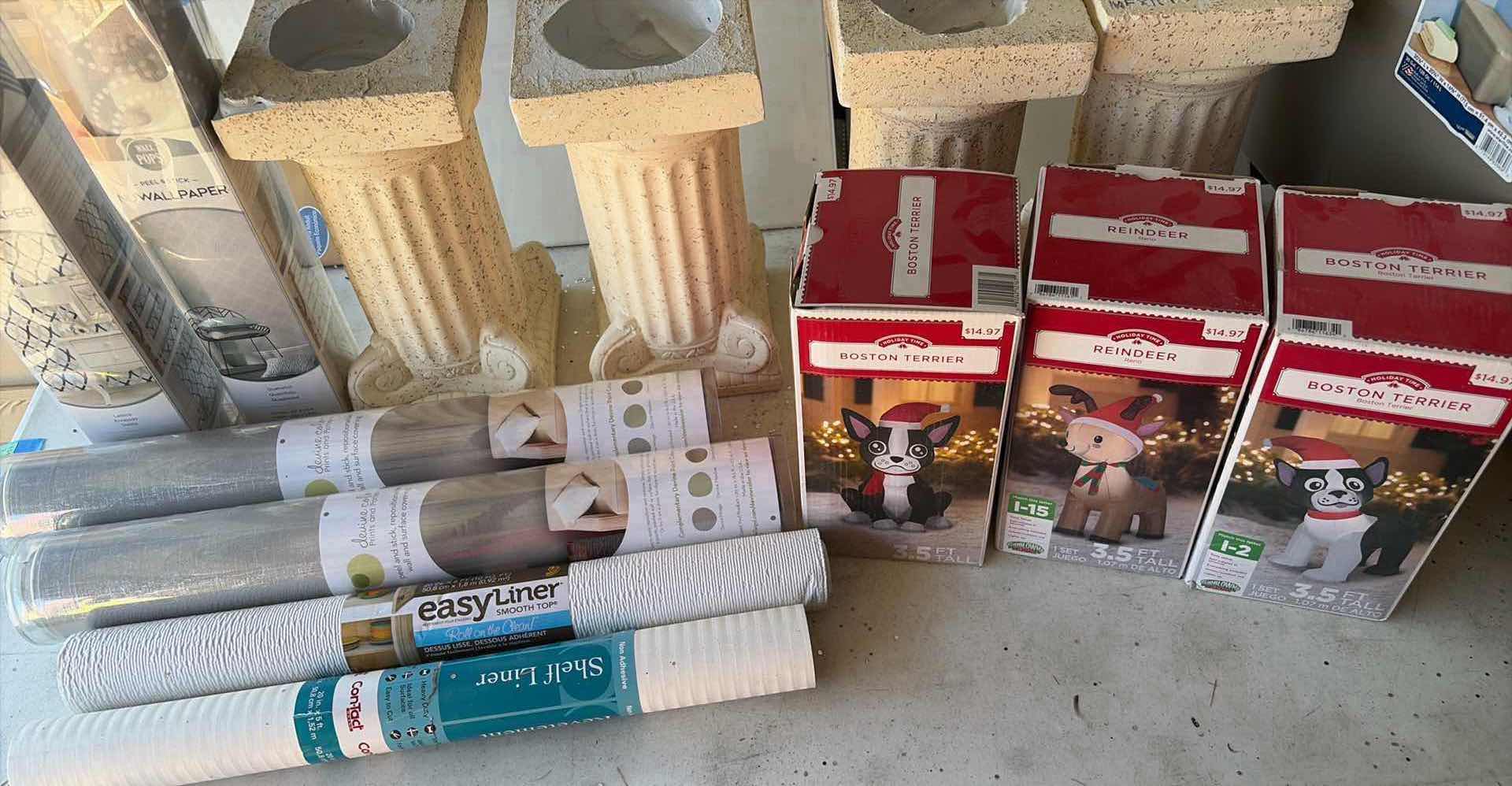 Photo 1 of CONTENTS OF BOX HOLIDAY DECORATIONS/ WALLPAPER/ 4- CERAMIC PILLARS 10”X10”X 12T