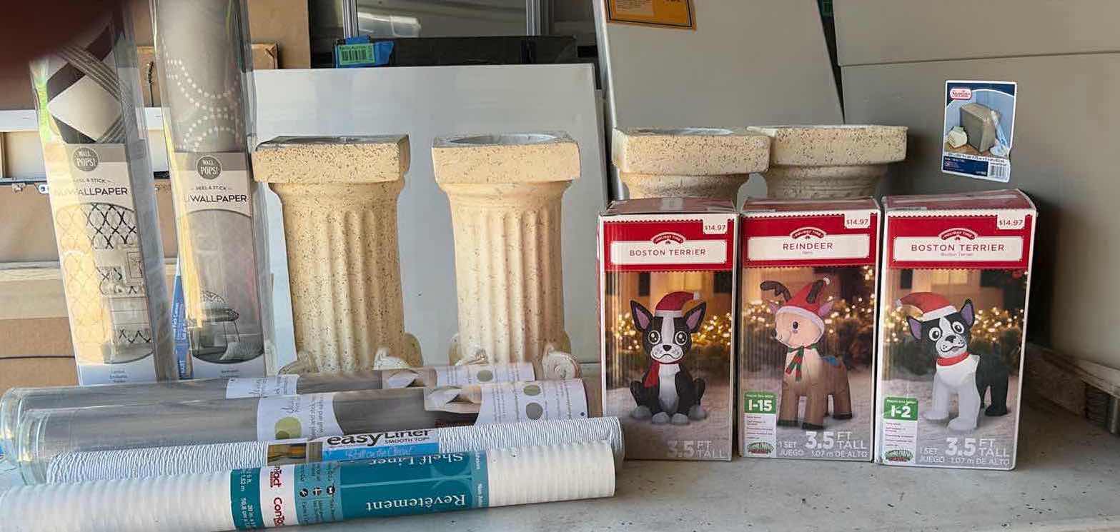 Photo 1 of CONTENTS OF BOX HOLIDAY DECORATIONS/ WALLPAPER/ 4- CERAMIC PILLARS 10”X10”X 12T