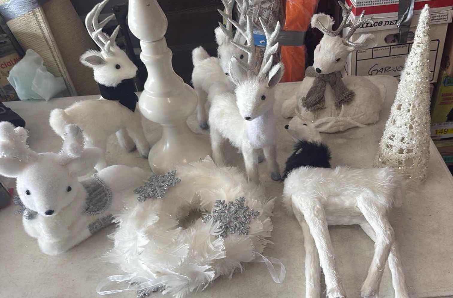 Photo 1 of CONTENTS OF BOX- 13 WHITE REINDEER/HOLIDAY DECOR