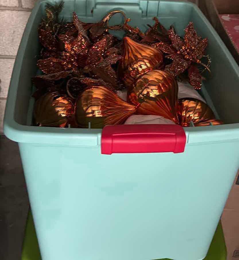 Photo 1 of TOTE FULL OF CHRISTMAS ORNAMENTS AND DECOR