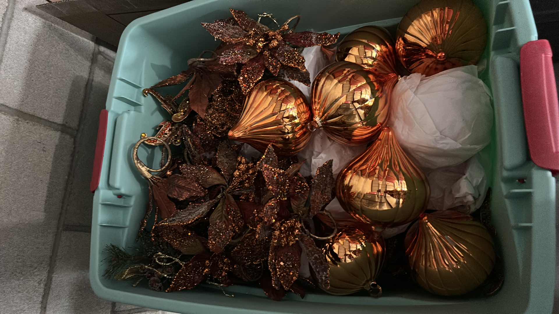 Photo 1 of TOTE FULL OF CHRISTMAS ORNAMENTS AND DECOR