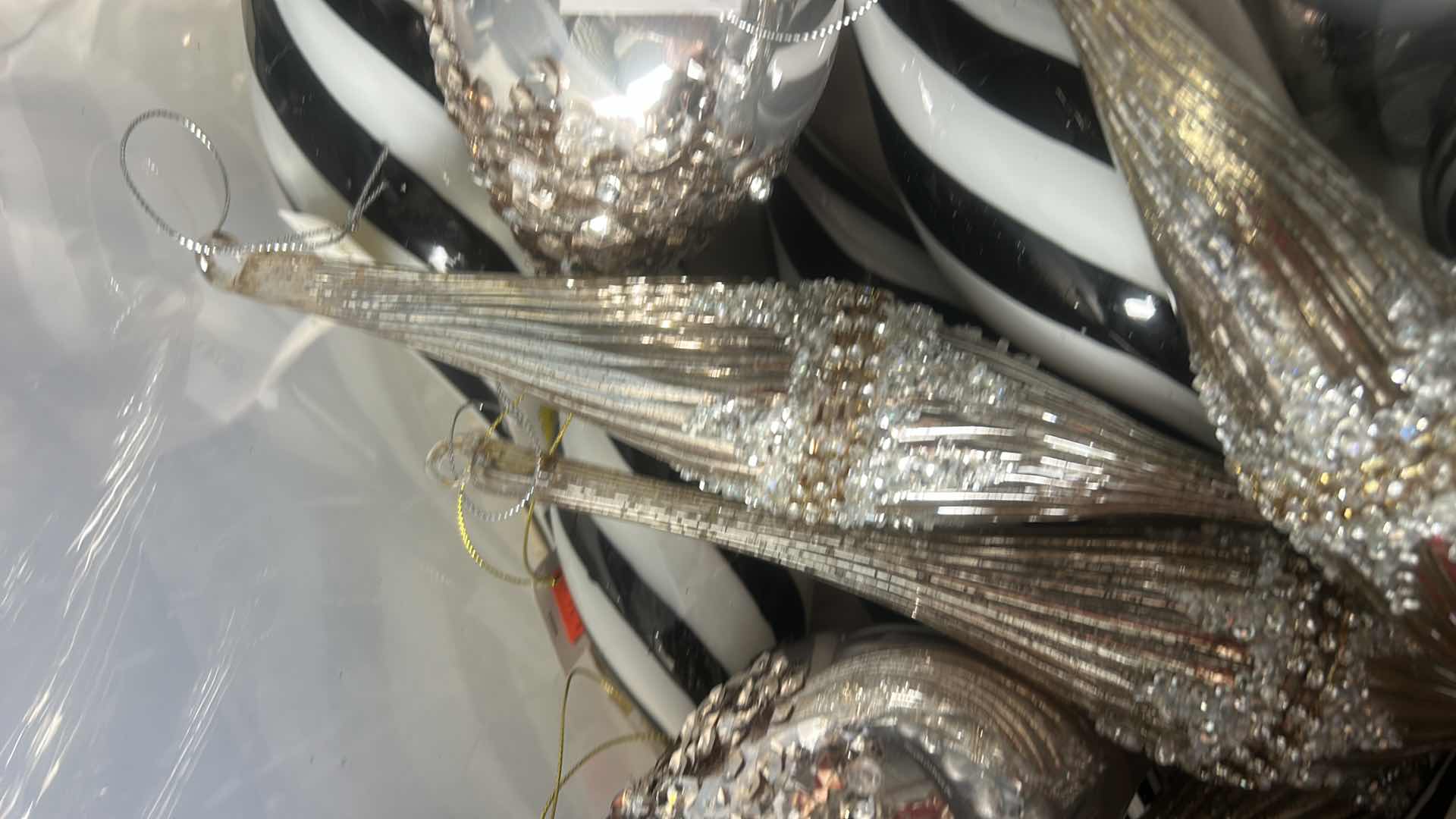 Photo 1 of TOTE FULL OF BLACK & WHITE CHRISTMAS ORNAMENTS & RIBBON