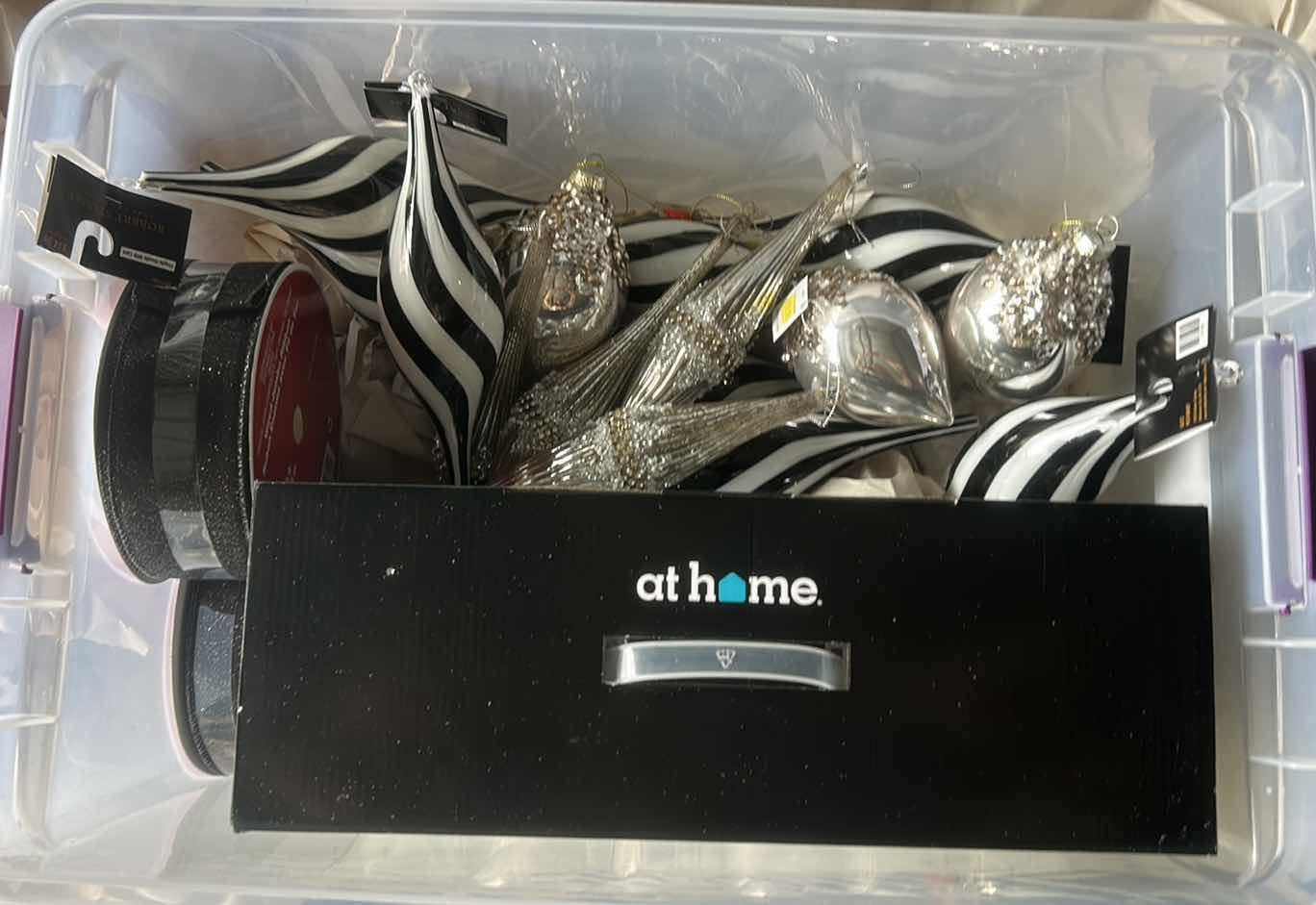 Photo 1 of TOTE FULL OF BLACK & WHITE CHRISTMAS ORNAMENTS & RIBBON