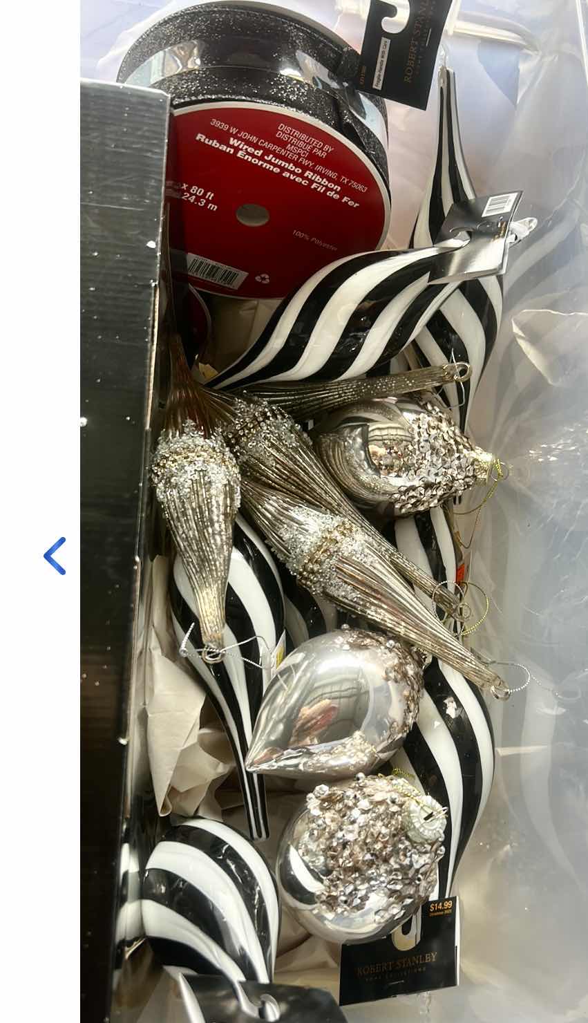 Photo 1 of TOTE FULL OF BLACK & WHITE CHRISTMAS ORNAMENTS & RIBBON
