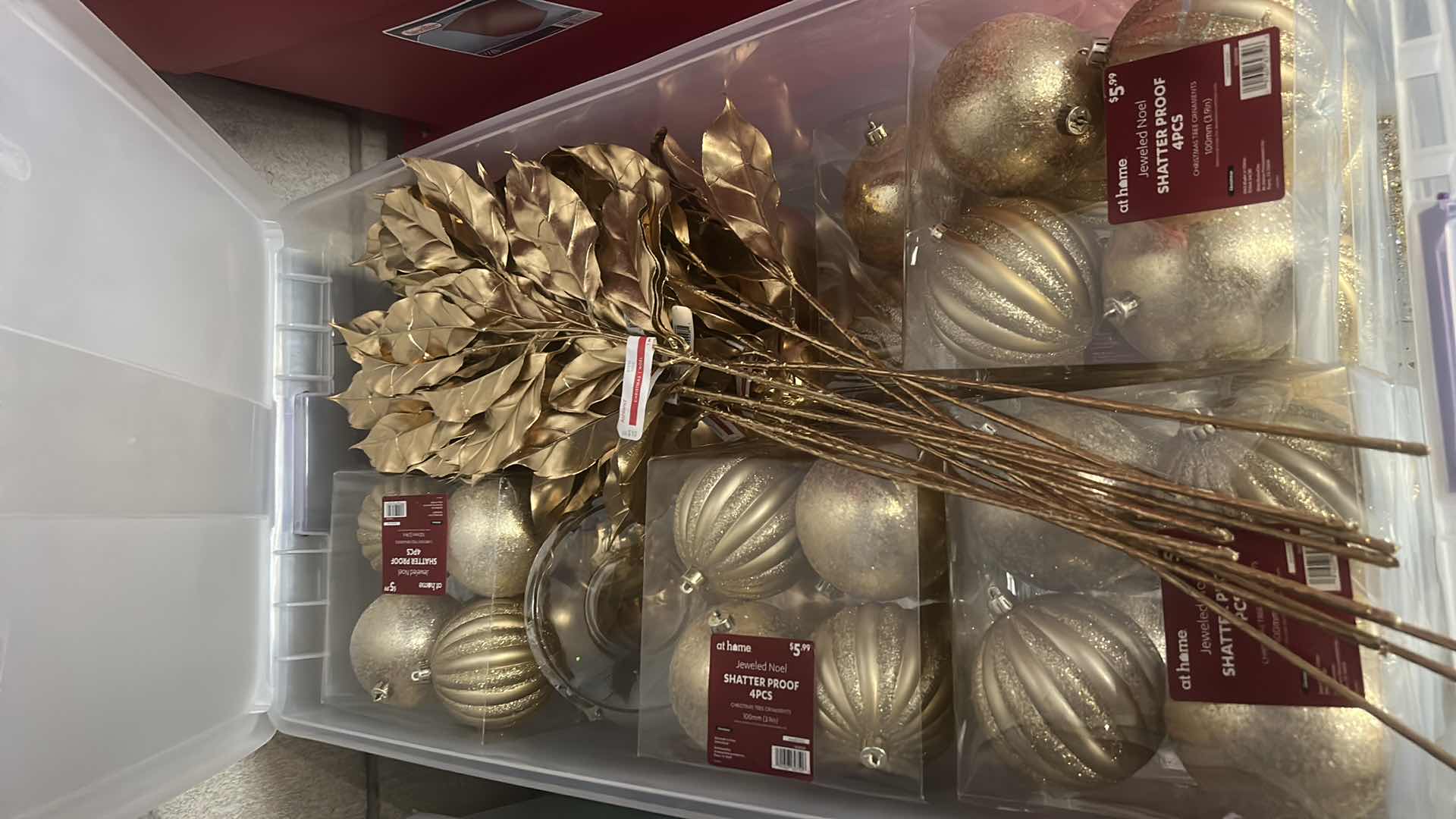 Photo 1 of CONTENTS OF TOTE- NEW GOLD CHRISTMAS TREE DECORATIONS