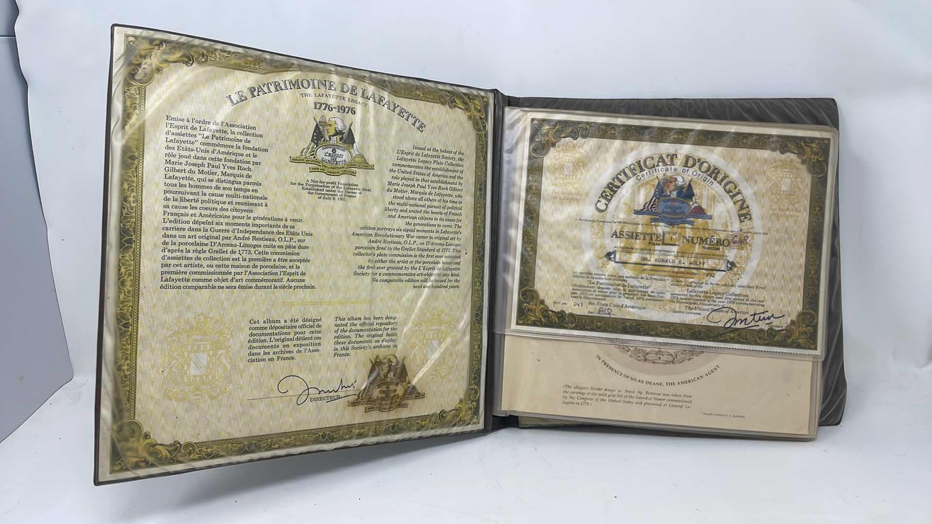 Photo 1 of THE LAFAYETTE LEGACY COLLECTION
COMPLETE OFFICIAL RECORD 
D'ARCEA-LIMOGES SET OF 7 WASHINGTON COLLECTOR PLATES AND CERTIFICATES