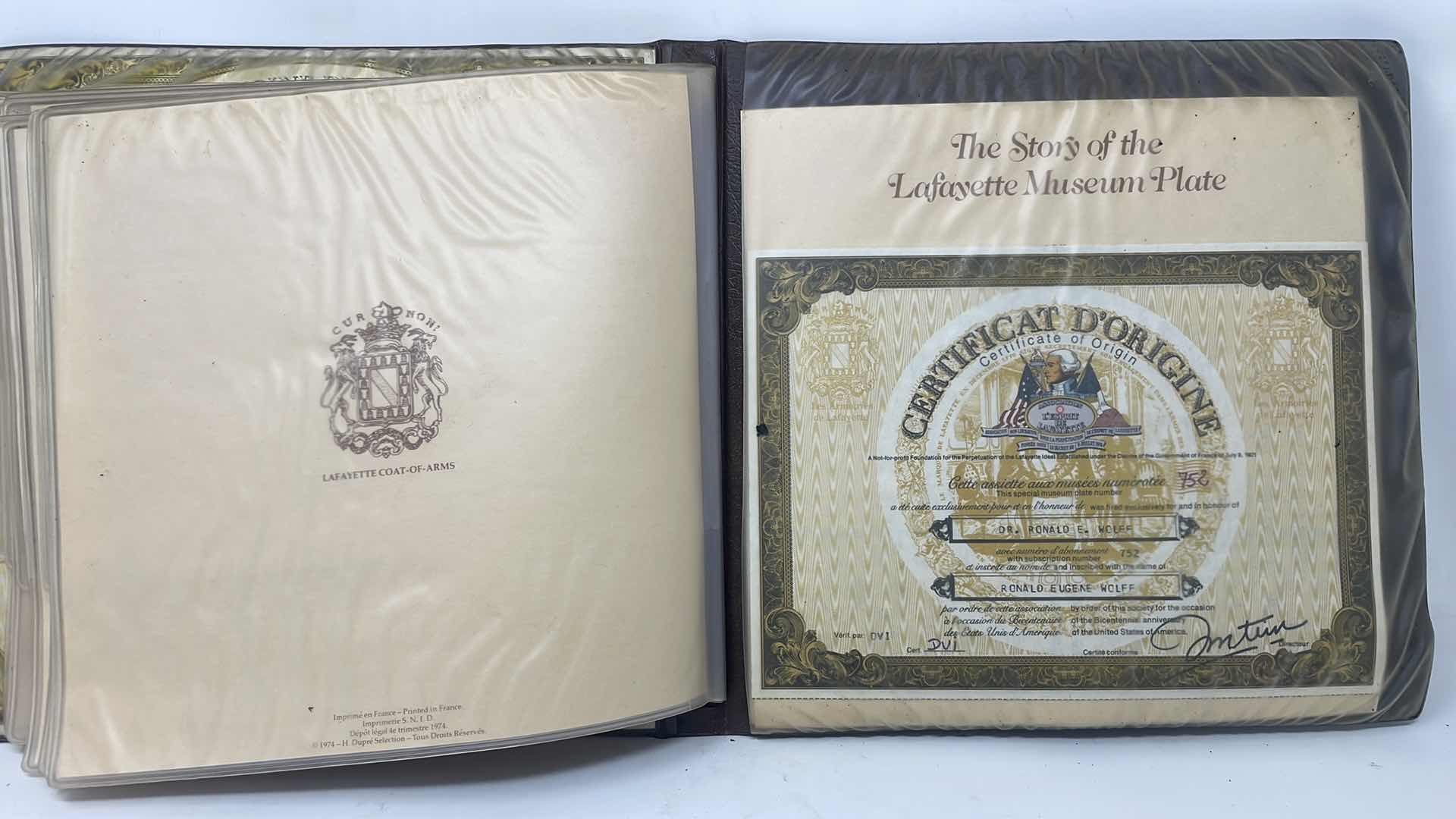 Photo 1 of THE LAFAYETTE LEGACY COLLECTION
COMPLETE OFFICIAL RECORD 
D'ARCEA-LIMOGES SET OF 7 WASHINGTON COLLECTOR PLATES AND CERTIFICATES