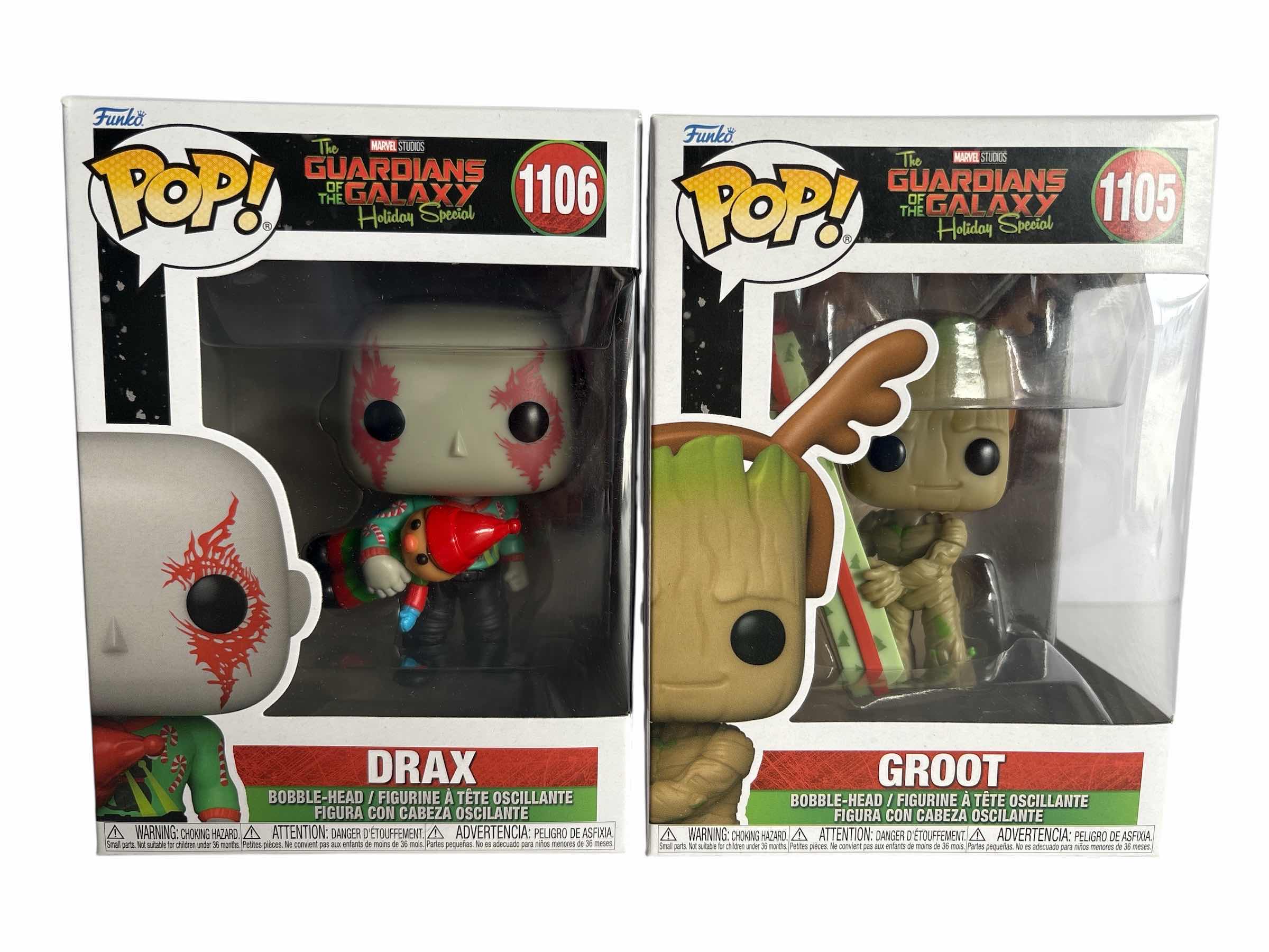 Photo 1 of (2)PCS NIB FUNKO POP GUARDIANS OF THE GALXAY GROOT AND DRAX