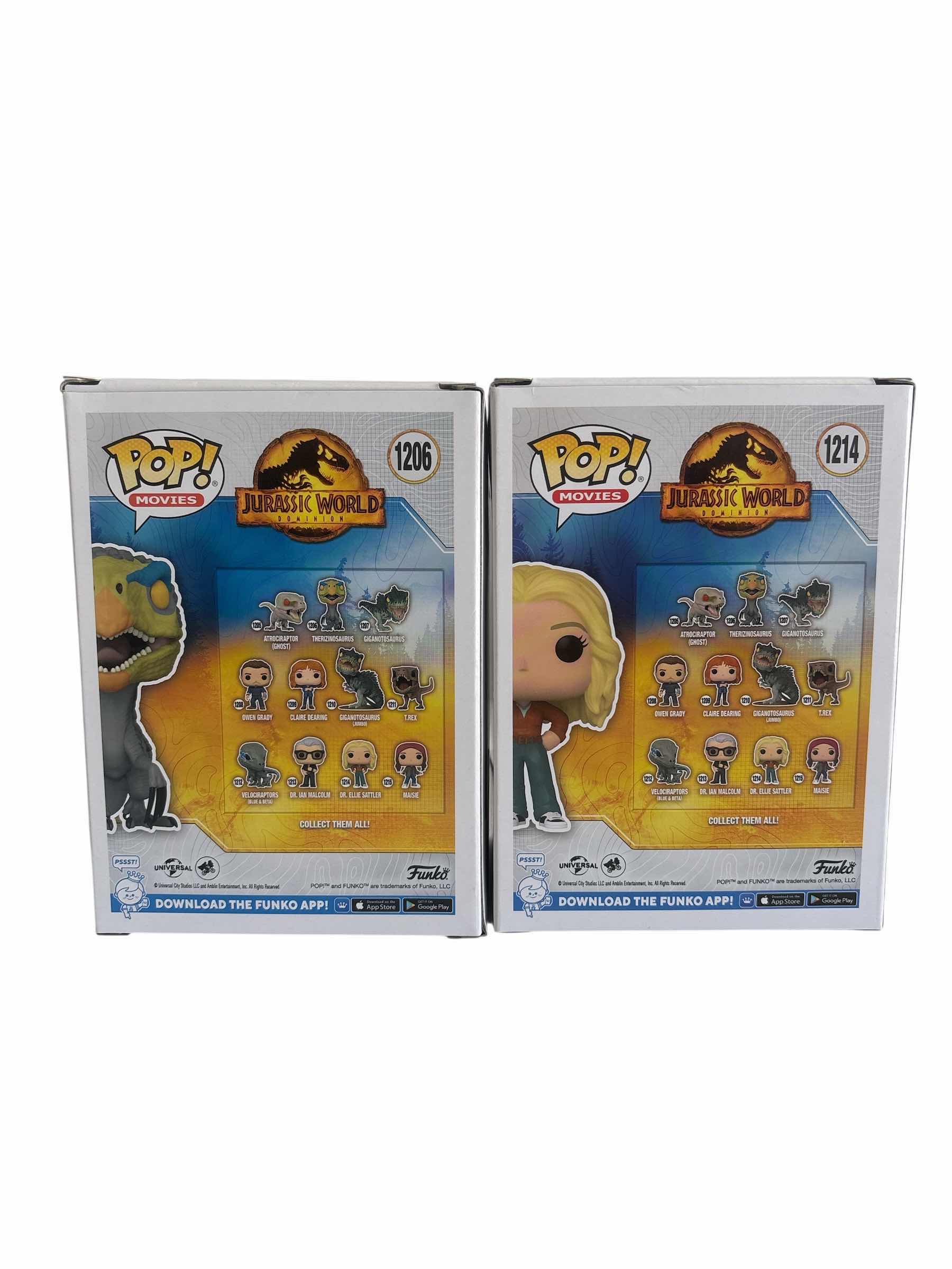 Photo 1 of (2) PCS NIB FUNKO POP DR. ELLIE SATTLER & THERIZINOSAURUS JURASSIC WORLD