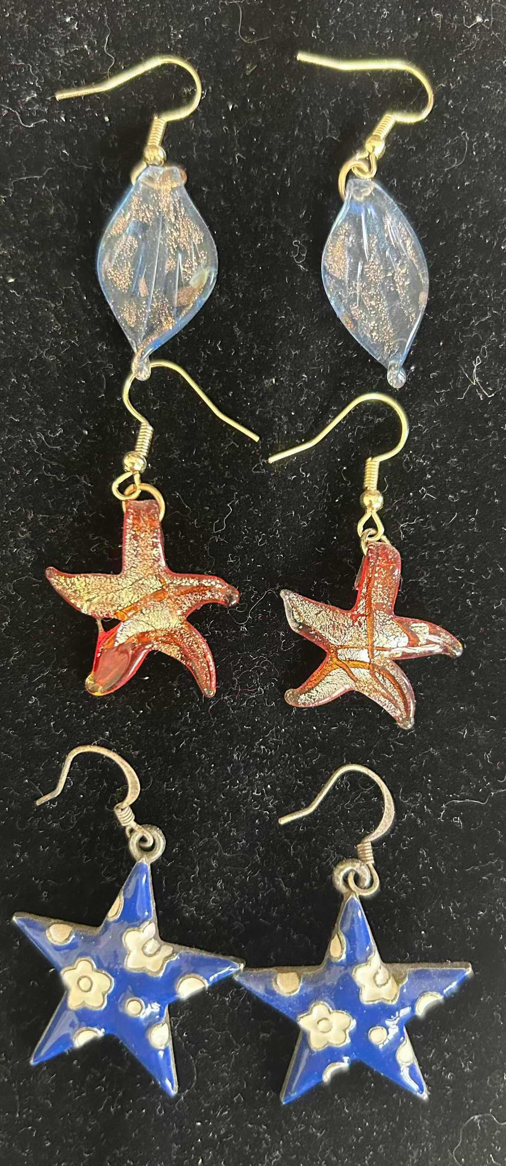 Photo 1 of HAND CRAFTED GLASS LEAF - STARFISH AND BLUE STAR DANGLE EARRINGS