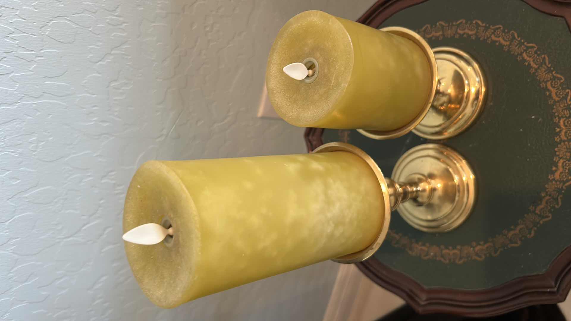 Photo 1 of 2- GOLD CANDLE HOLDER W GREEN CANDLES