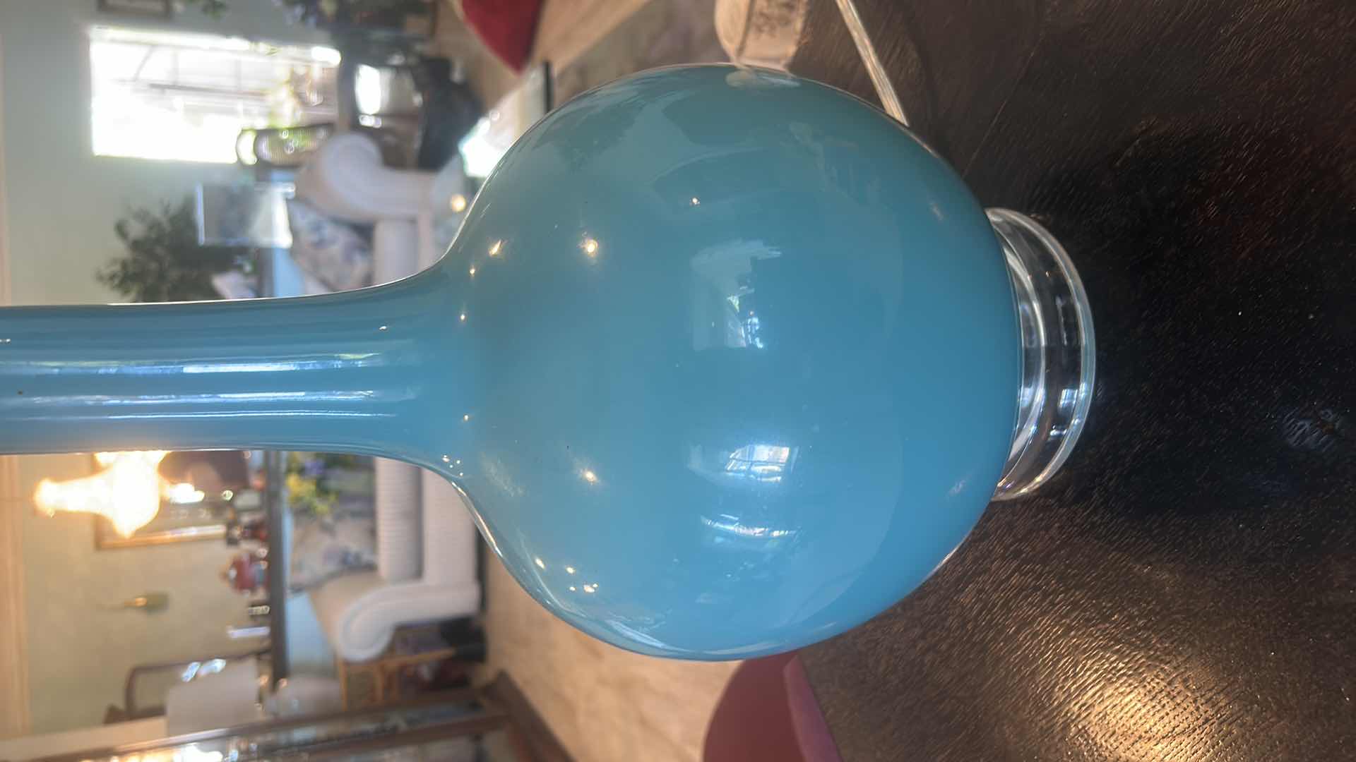 Photo 1 of BLUE GLASS TABLE LAMP WITH WHITE SHADE H36”