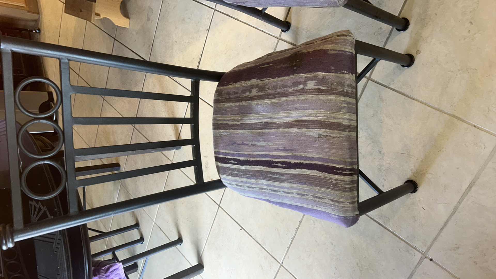 Photo 1 of 2 HEAVY METAL PURPLE ARMLESS DINING ROOM CHAIRS WITH PURPLE UPHOLSTERY H40”
