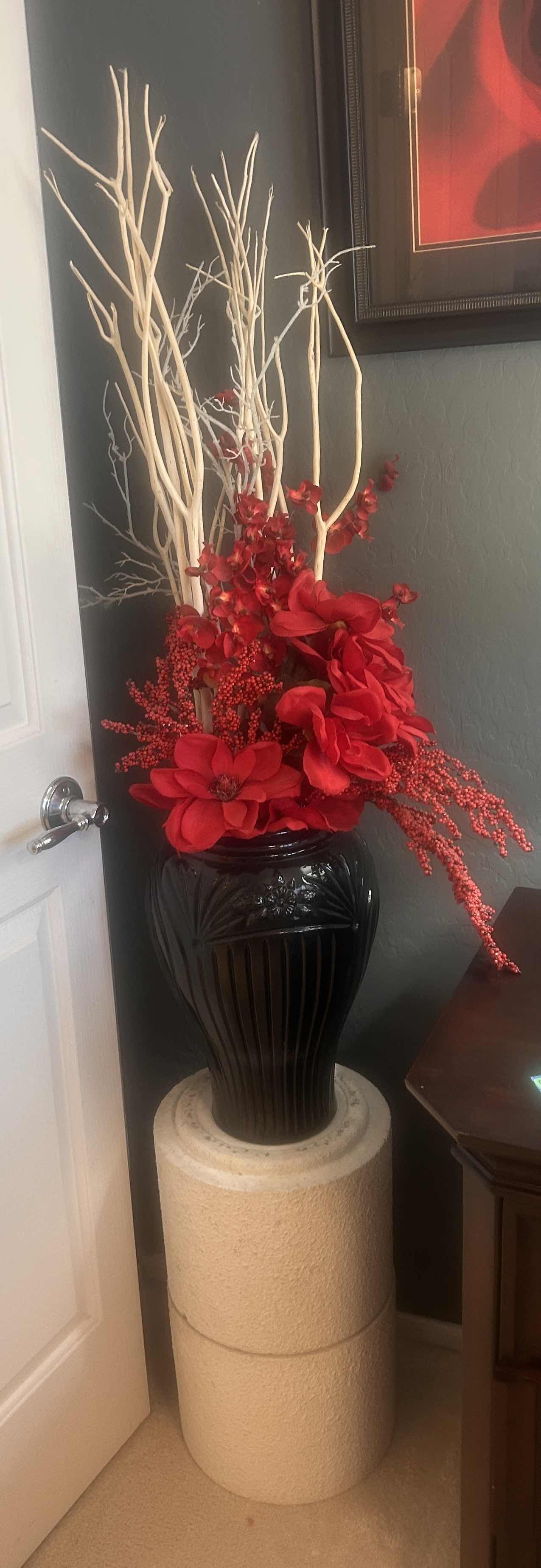 Photo 1 of PILLAR WITH BLACK VASE AND FAUX FLORAL - TOTAL HEIGHT 64”