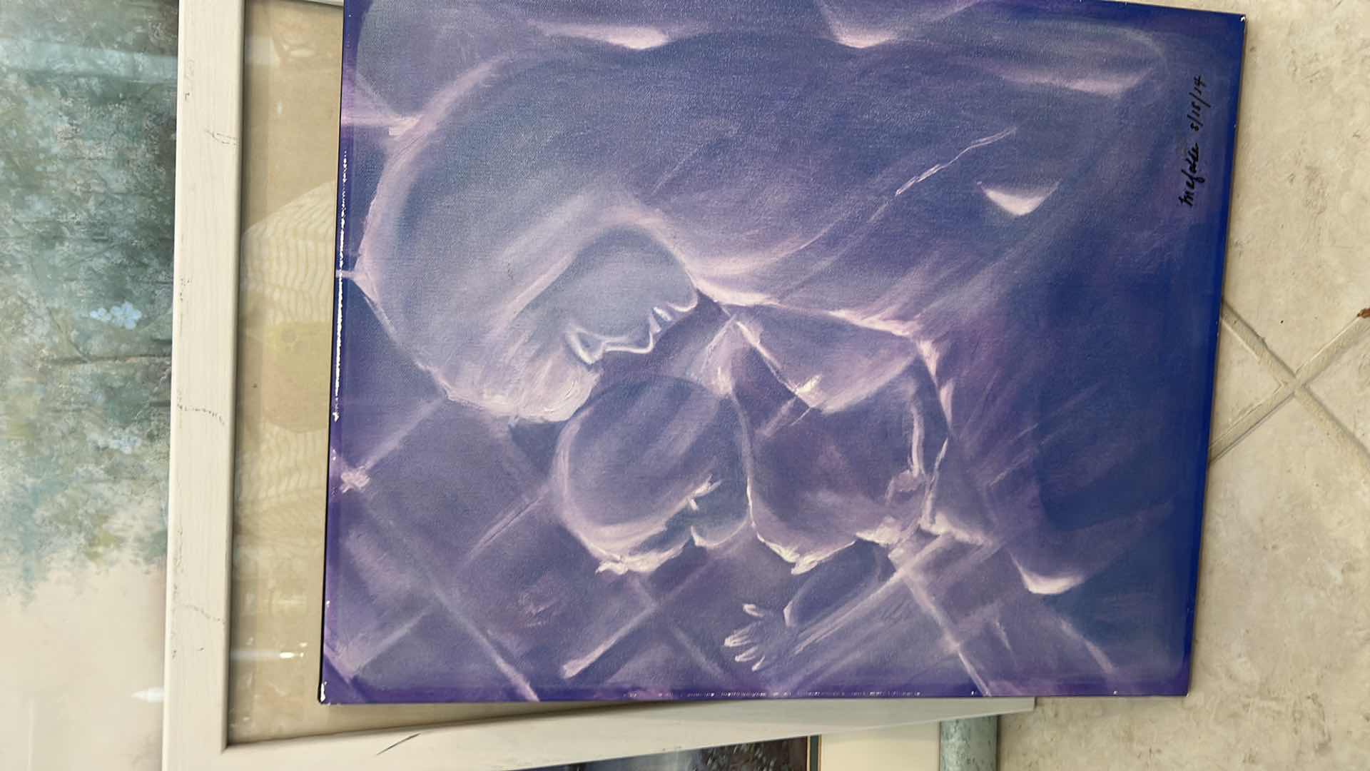 Photo 1 of STRETCHED CANVAS, PURPLE AND WHITE MOTHER AND CHILD SIGNED ARTWORK 16” x 20”