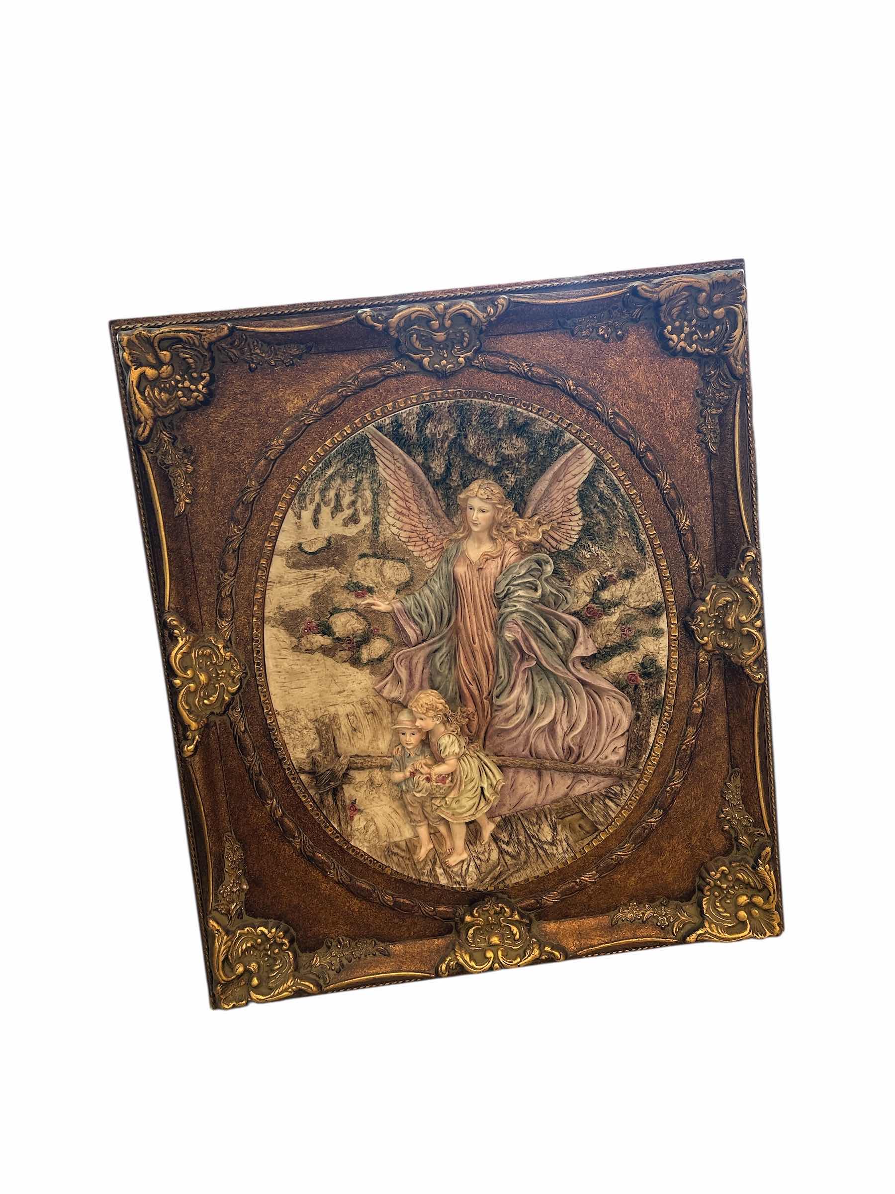 Photo 1 of ANTIQUE ORNATE GOLD GILDED FRAMED GUARDIAN ANGEL 3D STONE SCULPTURE ARTWORK 28” x H32”